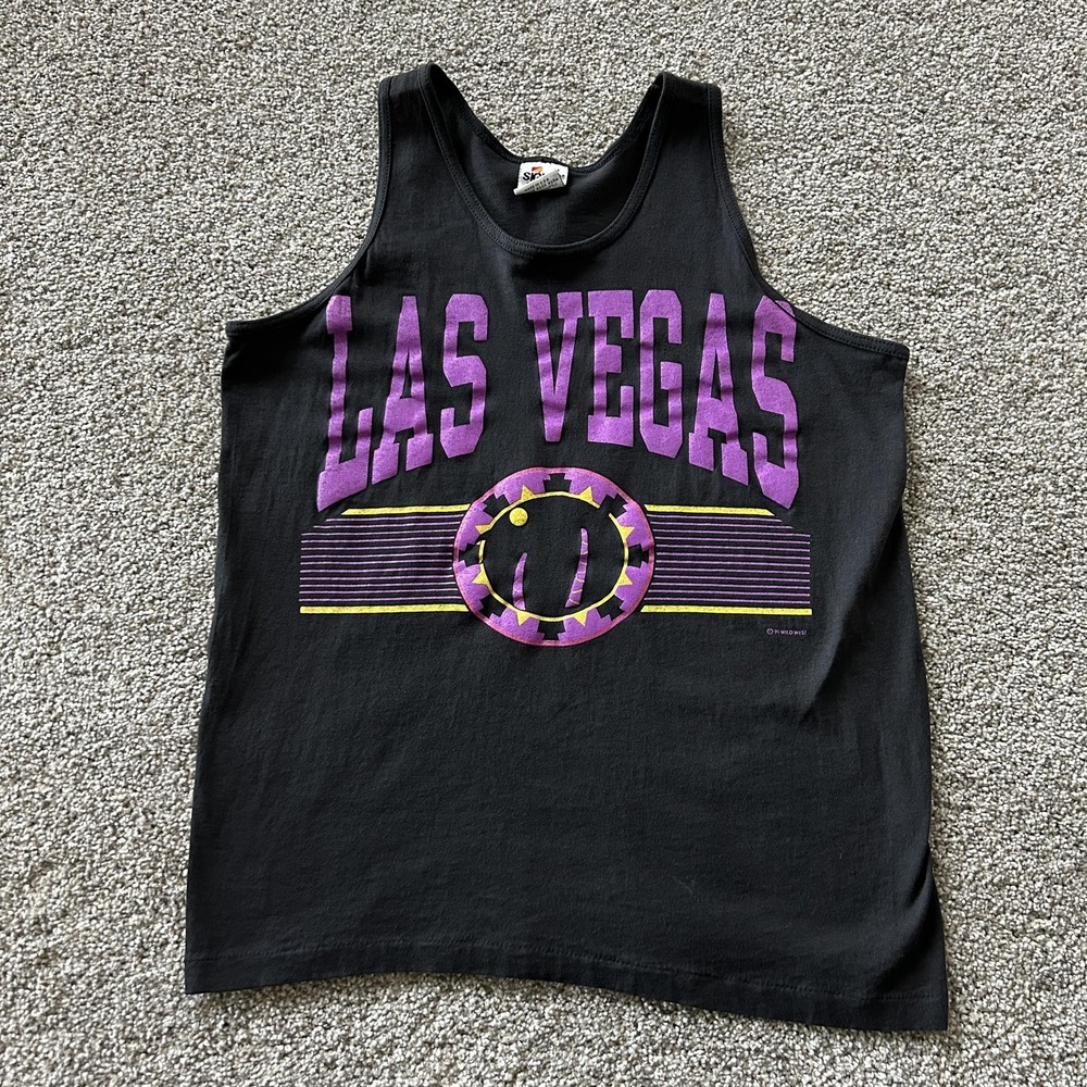 Vintage 90s Las Vegas Tank Top Mens Medium Black Signal Neon Graphic Souvenir